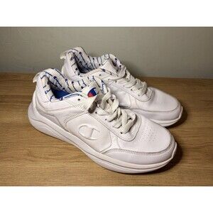 Champion Womens 9W White Leather Sneakers Logo Print Lining Athletic Shoes